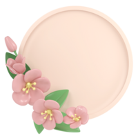 3d pastel pink corner cherry flowers with round frame, botanical spring arrangement, floral clip art, bouquet element decor illustration png