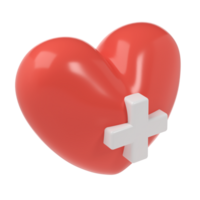 3d rosso cuore con medico attraversare simbolo icona aiuto donazione, medico e assistenza sanitaria laboratorio concetto. cartone animato minimo stile rendere illustrazione png