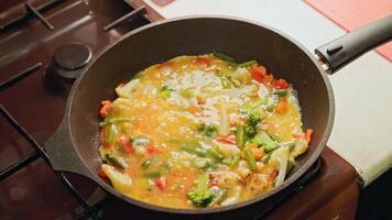 vegetable stew with egg boiling in a frying pan video