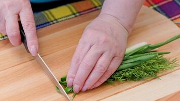 senior Kaukasisch vrouw besnoeiing groen ui en dille Aan houten snijdend bord video