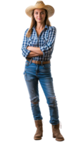 AI generated Smiling young woman in denim overalls and straw hat on transparent background png