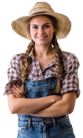 AI generated Smiling young woman in denim overalls and straw hat on transparent background png