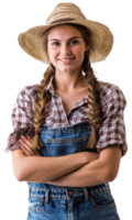 ai généré souriant Jeune femme dans denim salopette et paille chapeau sur transparent Contexte png