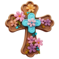 AI generated Floral decorated cross for Easter spring religious celebration. Easter day concept with transparent background png