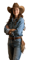 AI generated Smiling young woman in denim overalls and straw hat on transparent background png