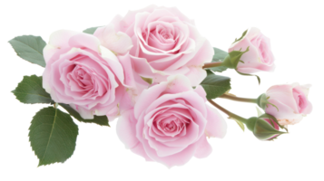 ai généré luxuriant rose des roses avec vert feuilles dans plein Floraison sur transparent Contexte png