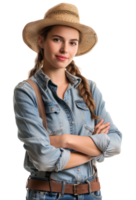 AI generated Smiling young woman in denim overalls and straw hat on transparent background png