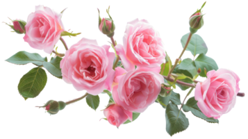 AI generated Lush pink roses with green leaves in full bloom on transparent background png