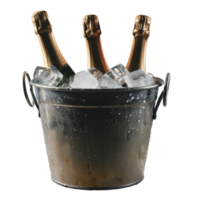ai gerado elegante champanhe garrafas refrigerado dentro gelo balde para celebração em transparente fundo png