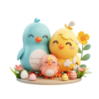 ai généré mignonne Pâques poussins famille avec printemps fleurs et décoré des œufs. Pâques journée concept avec transparent Contexte png