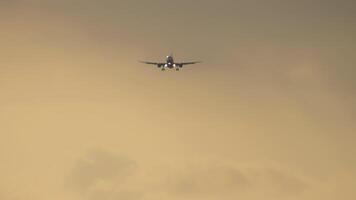 Footage of a jet plane approaching landing. Passenger airliner flies in the sunset sky, front view, long shot video