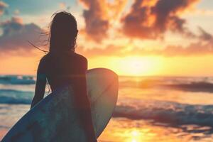 AI generated Silhouette of Surfer Woman at Sunset with AI generated. photo