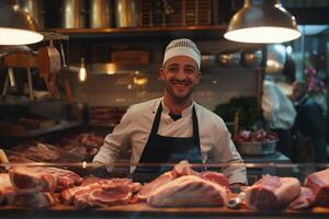 ai generado simpático Carnicero sonriente a carne encimera. foto