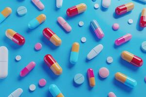 AI generated Assorted Medication Pills on a Blue Background with AI generated. photo