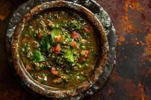 AI generated Chimichurri Sauce in Rustic Bowl. photo