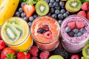 AI generated Colorful Fresh Fruit Smoothies in Glasses with AI generated. photo