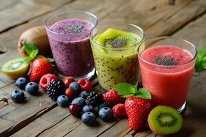 AI generated Colorful Fresh Fruit Smoothies in Glasses with AI generated. photo