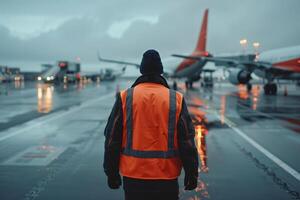 ai generado suelo personal supervisando aeropuerto operaciones a puesta de sol con ai generado. foto