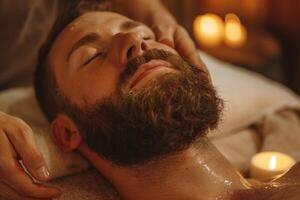 ai generado hombre disfrutando relajante masaje a un spa con ai generado. foto