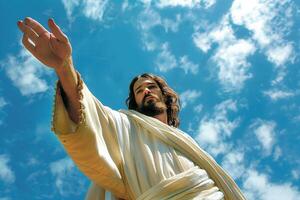 AI generated Man Portraying Jesus Offering Hand Against Sky with AI generated. photo