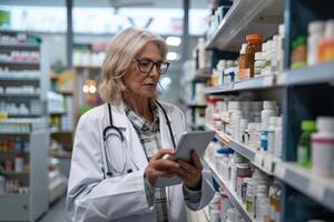 ai generado experimentado farmacéutico con digital tableta en farmacia con ai generado. foto