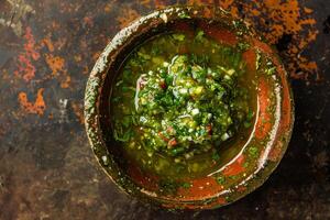 ai generado chimichurri salsa en rústico bol. foto