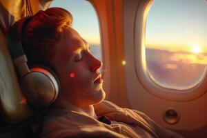 AI generated Man Relaxing with Headphones on Airplane. photo