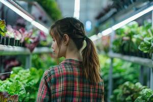 AI generated Woman Observing Plants in Indoor Vertical Farm with AI generated. photo