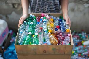 AI generated Person Holding Cardboard Box of Plastic Bottles with AI generated. photo
