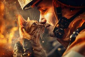 AI generated Firefighter Comforting a Cat Amidst Sparks with AI generated. photo