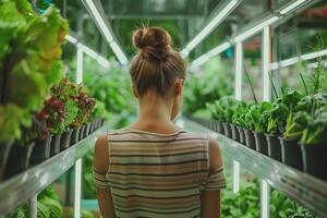 AI generated Woman Observing Plants in Indoor Vertical Farm with AI generated. photo