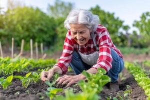 ai generado mayor mujer tendiendo a su vegetal jardín con ai generado. foto