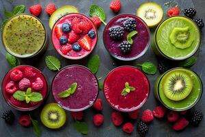AI generated Colorful Fresh Fruit Smoothies in Glasses with AI generated. photo