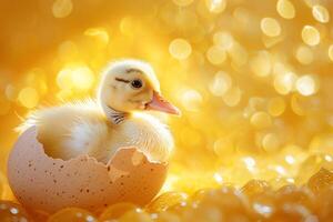 AI generated Newborn Duckling Emerging from Egg in Golden Light with AI generated. photo