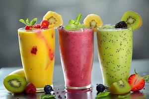 AI generated Colorful Fresh Fruit Smoothies in Glasses with AI generated. photo