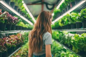 ai generado mujer observando plantas en interior vertical granja con ai generado. foto