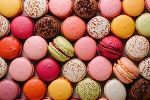 AI generated Assorted Colorful Macarons Close-up. photo