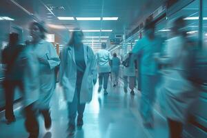 AI generated Busy Hospital Corridor with Medical Staff with AI generated. photo