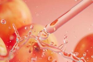 AI generated Pipette with Serum Droplet over Pink Liquid Surface with AI generated. photo