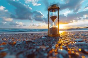 ai generado reloj de arena en arenoso playa a puesta de sol. foto