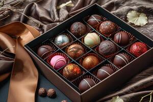 AI generated Elegant Assorted Chocolates in Luxury Box with AI generated. photo