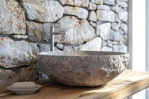 AI generated Modern Stone Basin with Stainless Steel Faucet with AI generated. photo