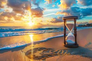 ai generado reloj de arena en arenoso playa a puesta de sol. foto