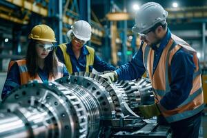 ai generado hembra ingenieros inspeccionando maquinaria en industrial planta con ai generado. foto