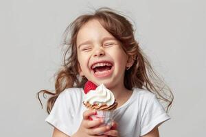 ai generado contento niño disfrutando un taza de hielo crema. foto