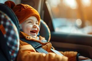 AI generated Happy Toddler in Car Safety Seat. photo