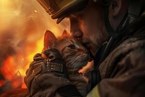 AI generated Firefighter Comforting a Cat Amidst Sparks with AI generated. photo