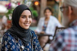 AI generated Pediatrician in Hijab Smiling at Patient. photo