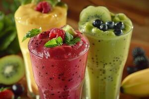 AI generated Colorful Fresh Fruit Smoothies in Glasses with AI generated. photo