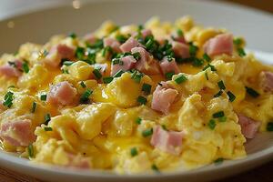 AI generated Scrambled Eggs with Ham and Herbs in Bowl. photo